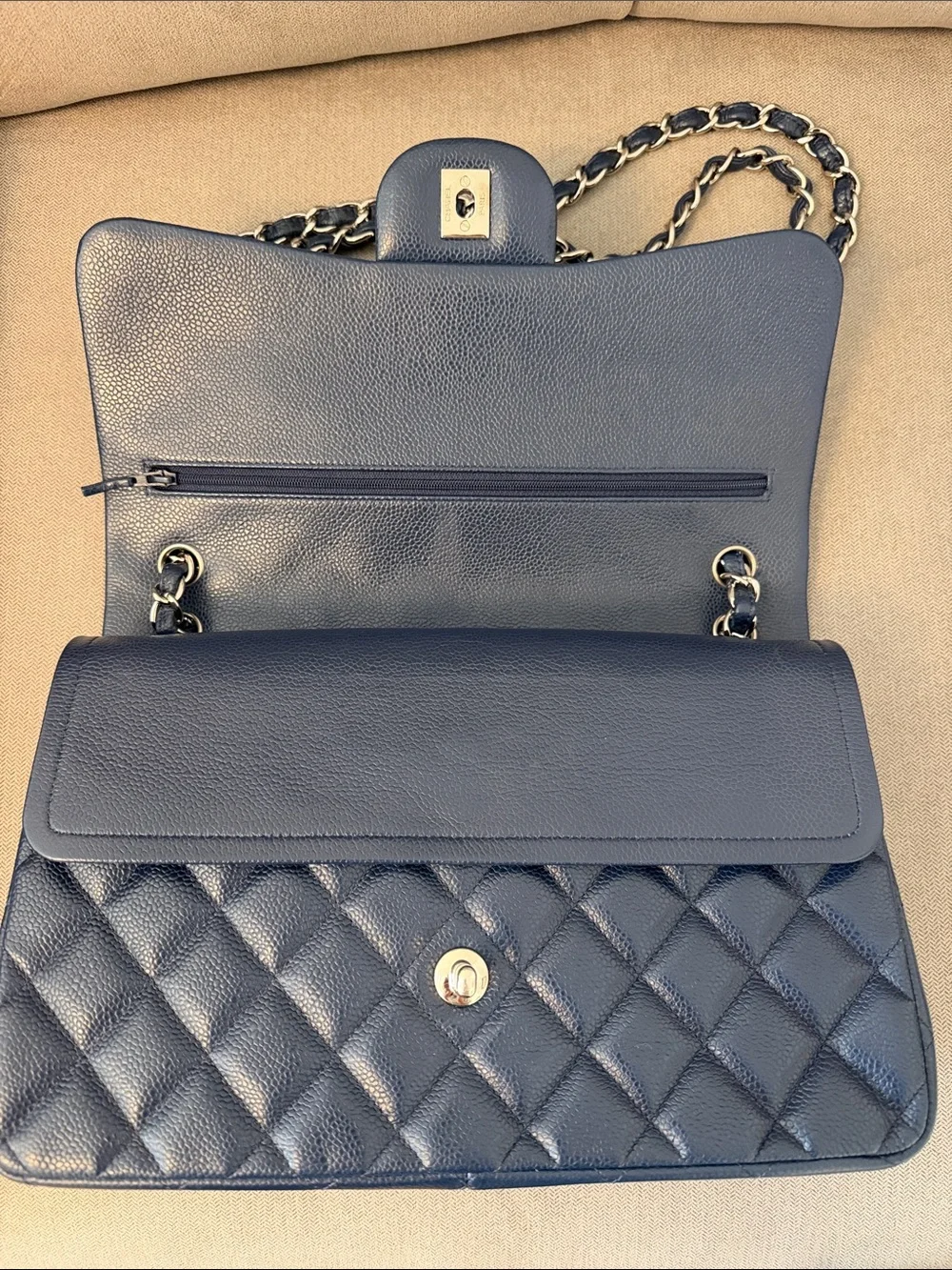 Authentic Chanel Classic Jumbo Double Flap Bag - Navy Blue Caviar Leather